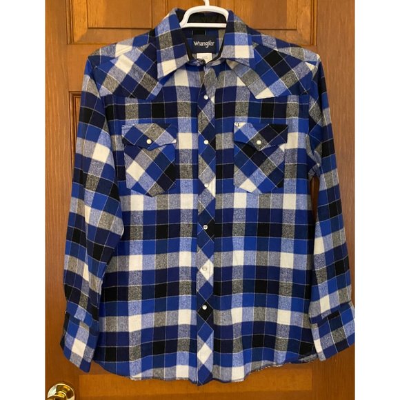 Wrangler Western Shirt Men Large Blue Plaid Flannel Pearl Snap Cowboy Pockets - Picture 1 of 16